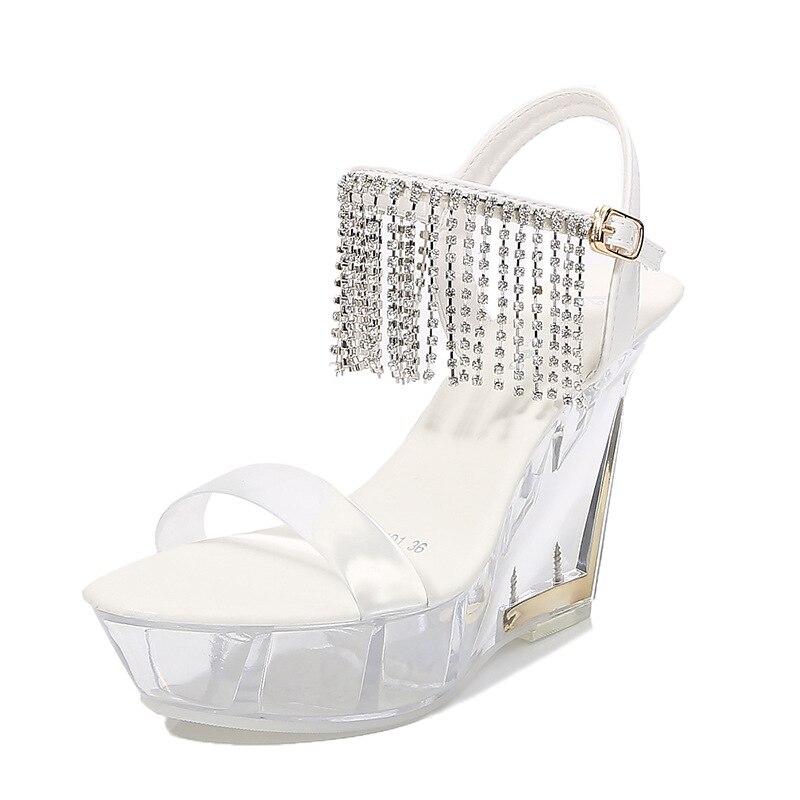 Женская обувь, прозрачные туфли для ночного клуба, высокие каблуки, подиум, стразы, кисточка, кристаллическая танкетка, серия 1101, каблук 10 см, платформа 4 см, LFD