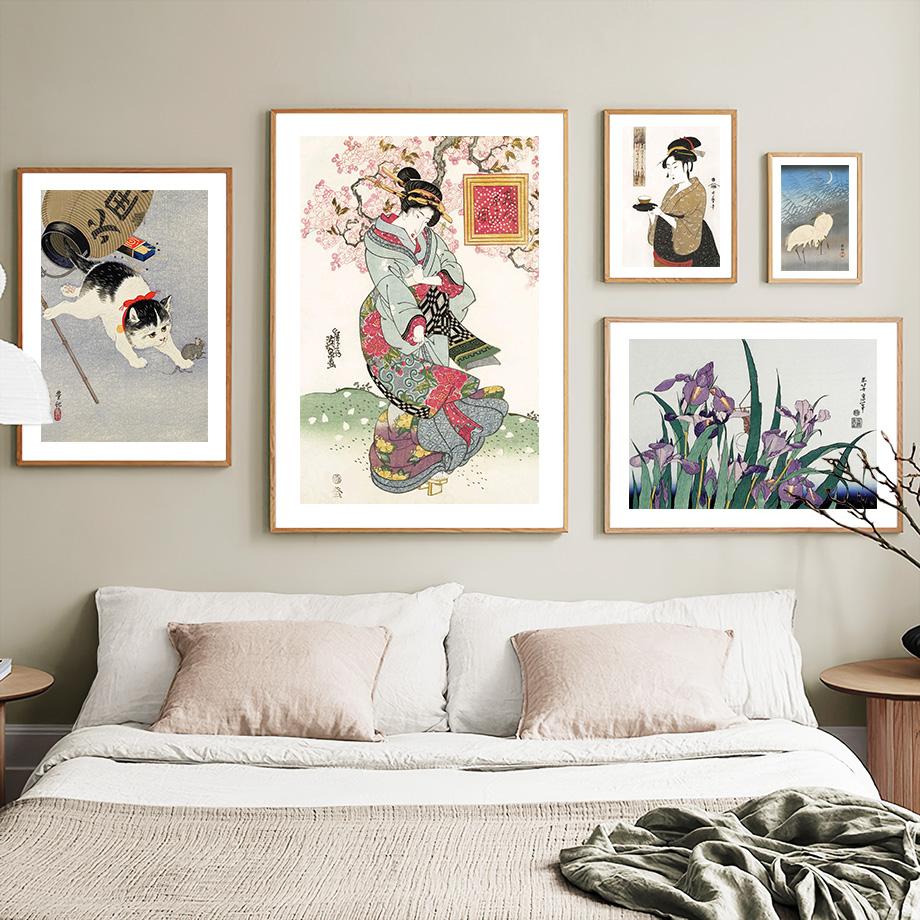 Женщина лиса кошка журавль серфинг цветок японские плакаты укиё-э и принты настенная живопись на холсте для гостиной декоративные картины