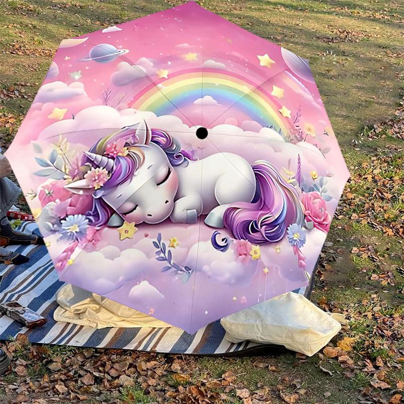 1PC Unicorn Rainbow Umbrella-8-Rib Reinforced Portable Folding Travel Suitable for All Seasons Outdoor Daily Use -J0361
