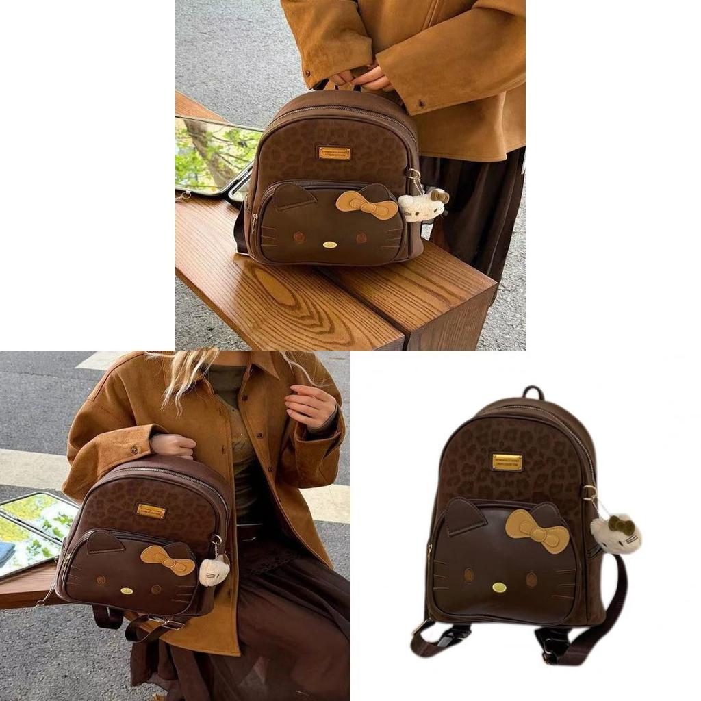 Hello Kitty Cartoon Leopard Print Pu Backpack With Padded Straps For Casual Day Use