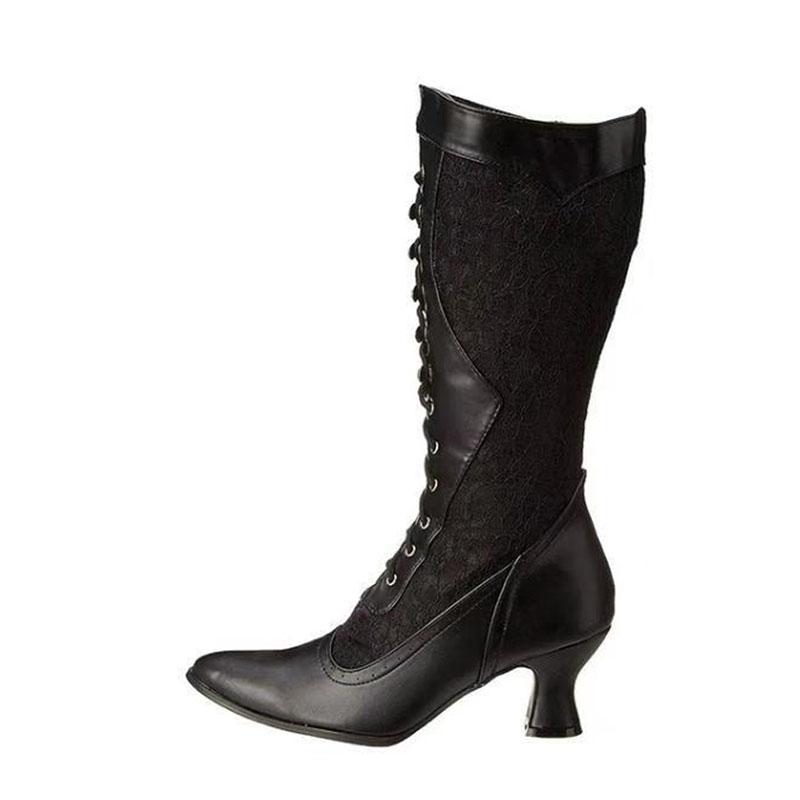 Ретро Женские Сапоги Осень Зима Сексуальная Обувь Женщина На шнуровке Острый Носок Низкий Каблук Сапоги до середины икры для Женщин Заказ 34-43