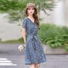 Floral Dress Women's New Fashion V-neck Slim and Thin Medium and Long Short-sleeved Chiffon Skirt Tide