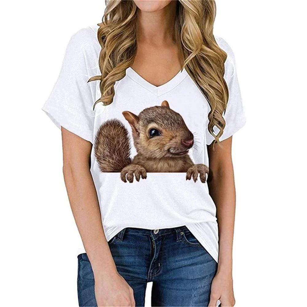 Летние футболки с изображением животных и забавной белки в формате 3D, женская повседневная уличная одежда, футболка с коротким рукавом и V-образным вырезом, футболки Harajuku, топы, одежда