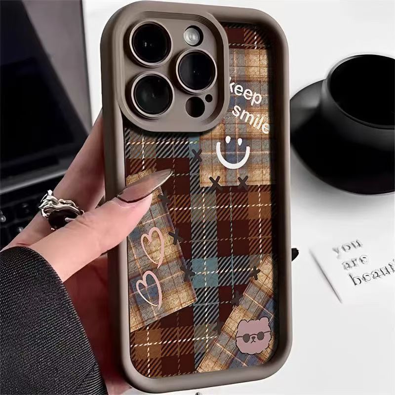 Клетчатый смайлик с сердечком подходит для чехла на мобильный телефон Apple 16 iPhone17Pro новый 15Pro продвинутый 14 противоударный 13