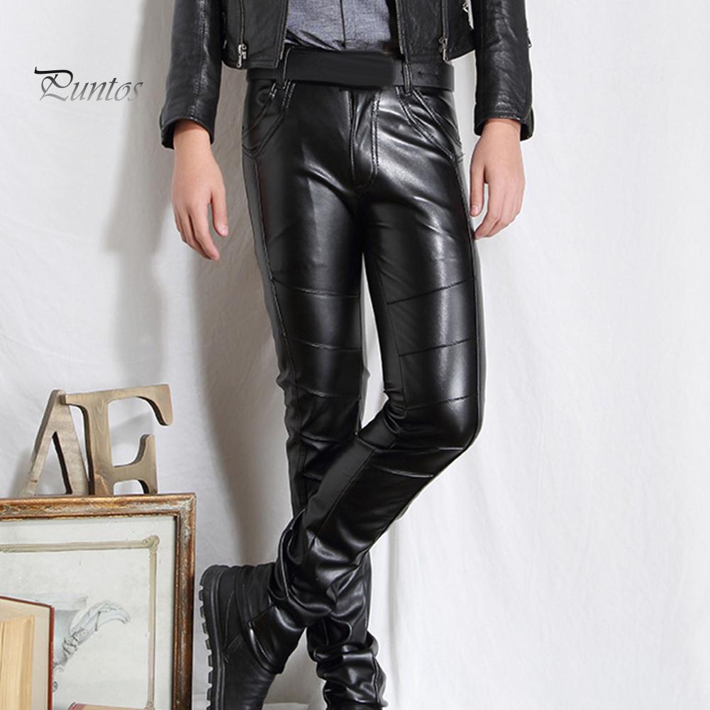 Men Solid Color Faux Leather Multi Pockets Skinny Pants Stage Club Long Trousers