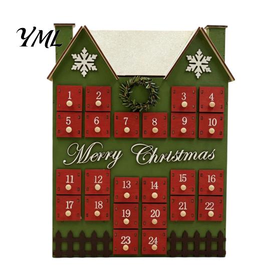 Festive Desktop Decoration Wooden House Christmas Advent Calendar, with 24 Drawers, Countdown to Calendar Gift Box, Refillable Xmas Box Drawers