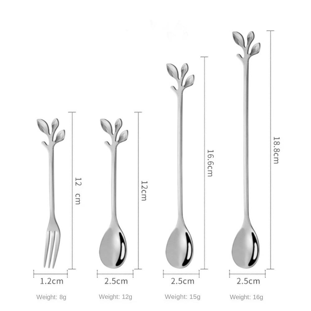 Golden Silver Water Cup Stirring Spoons Leaf Shape Dessert Spoon Fork Fruit Scraping Spoon Fork