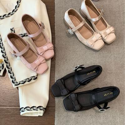 Весна 2025 новые туфли Мэри Джейн с квадратным носком и бантом из сатина, на толстом каблуке, с открытым вырезом, универсальные, вечерние женские туфли для офиса