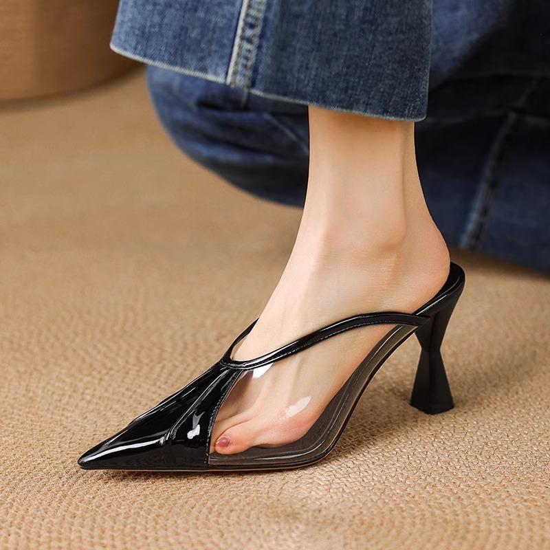 Fashion Fashion and Sexy Baotou Pointed Toe Shallow Mouth High Heels Summer Temperament Baotou Color Block Non-slip Thin Heel Slippers