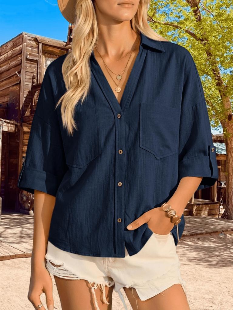 Women's Button Down Collared Blouse V Neck Cotton Short Sleeve Loose Top