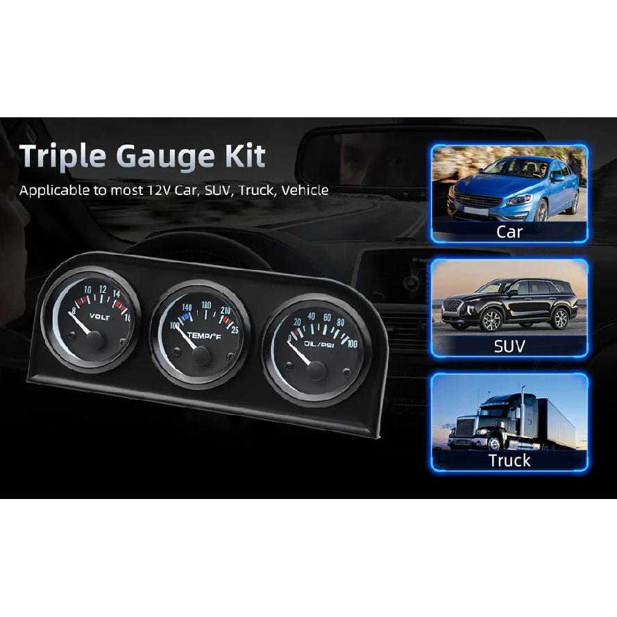 52mm Triple gauge 3 in 1 Volt Meter + 100-250℉ water Temp Gauge+0-100psi Oil Pressure Gauge & Oil Temperature Gauge With Sensor