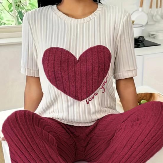 2 шт./комплект, женская зимняя пижама, круглый вырез, узор в виде сердца, короткий рукав, домашняя одежда, топ, штаны, комплект, свободная домашняя одежда, женская ночная рубашка