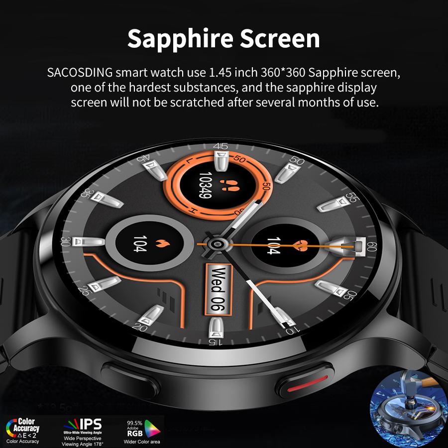 SACOSDING с сапфировым экраном 1,45-дюймовые умные часы для женщин, Bluetooth-вызов, спортивные трековые часы для мужчин, умные часы с пульсометром на заказ для Android 2024