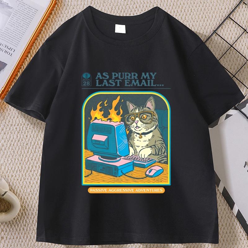 Funny Cat Work Graphic Tshirts Casual Cotton Short Sleeve Round Neck T Shirt Streetwear Unisex Women Summer Comfortable Tees