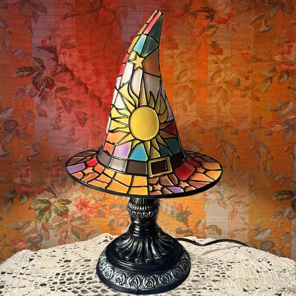 Gothic Halloween Night Light Witch Hat Lamp Handcrafted Resin Decor Mysterious Gothic Charm Ambient Glow