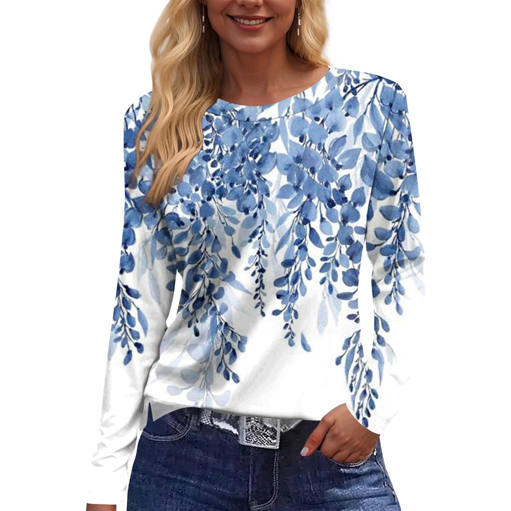 Women's Fashion Casual Slit Hem Round Neck Long Sleeve Loose Printed T-Shirt Ladies Top