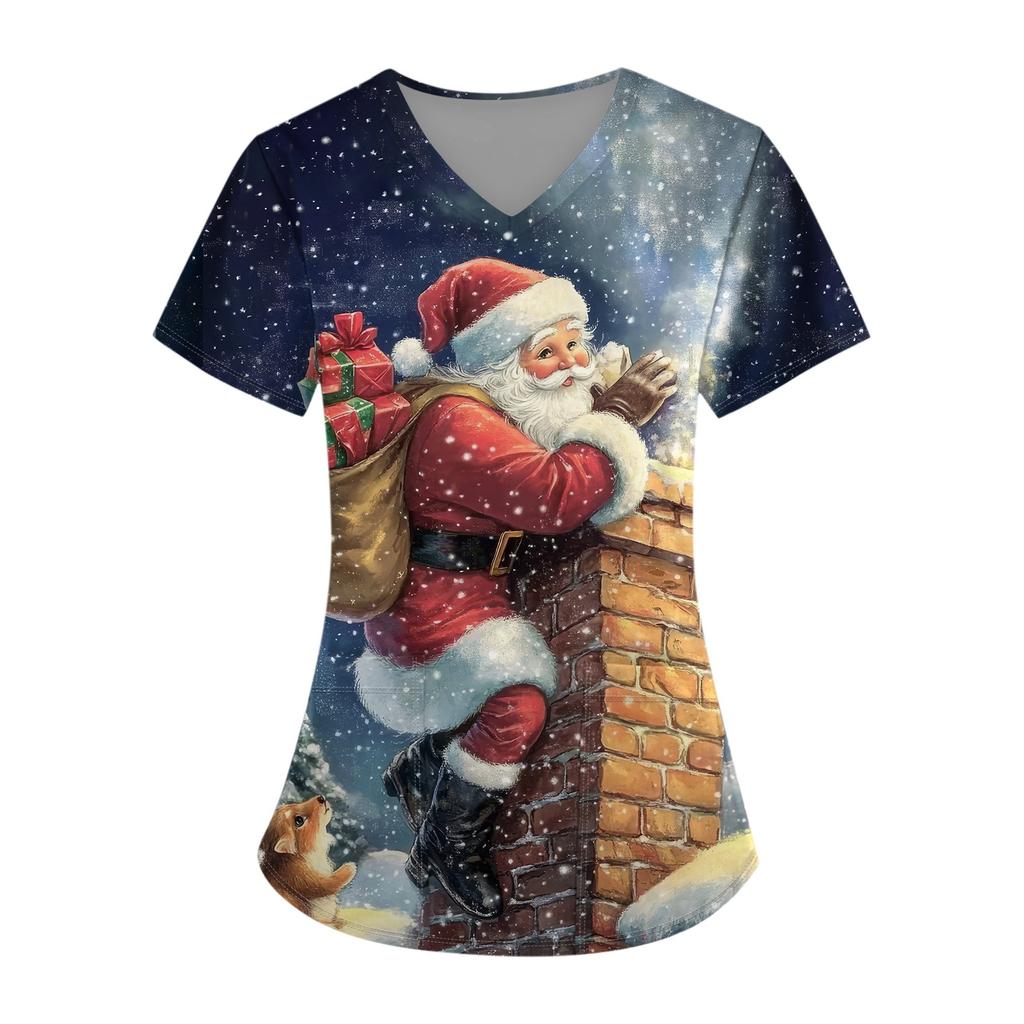 Плюс размерСкраб с принтом Рабочая форма Топы для женщин Крест V-образным вырезом Хэллоуин Принт с короткими рукавами Забавные футболки Спецодежда Футболка с карманами