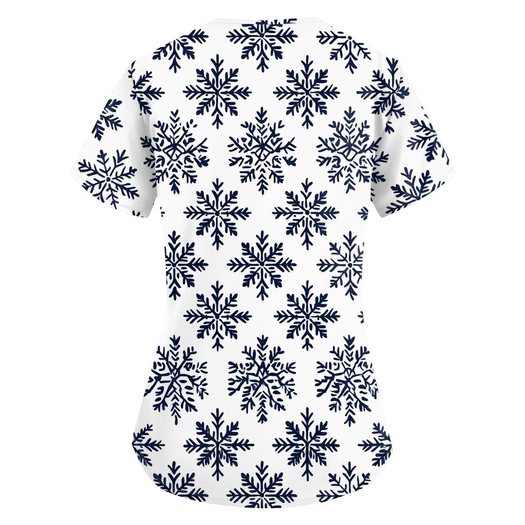 Plus Size Printed Scrub Working Uniform Tops For Women's Cross V Neck Christmas Print Short Sleeve Fun T-Shirts Workwear Tee With Pockets