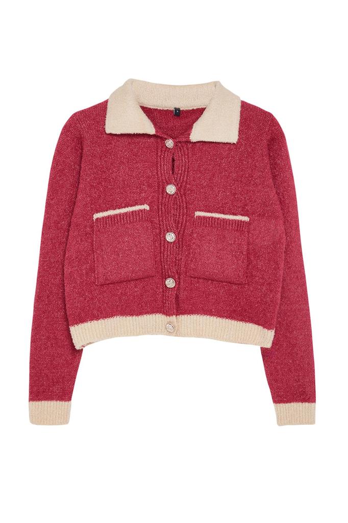 Women's Fashionable Stylish Cardigan Pink Boucle Polo Collar Coat Look Knitwear Cardigan