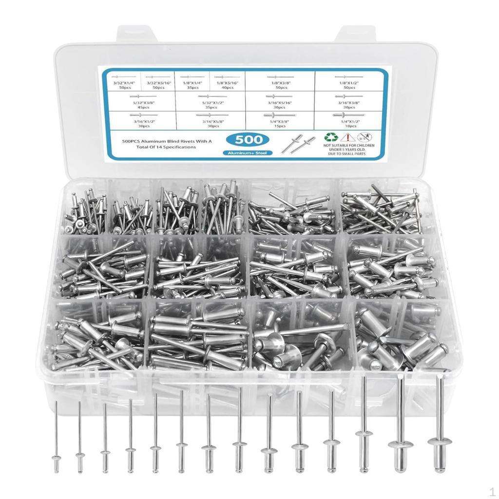 500Pcs Blind Rivets 3/32" 1/8" 5/32" 3/16" 1/4" SAE Open End Assorted Rivet Set for