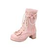 Fashion Sweet Bow Women Comfort Square Platform Ankle Boots Elegant Ruffles String Bead Girls Princess Cosplay Pink Lolita Shoes