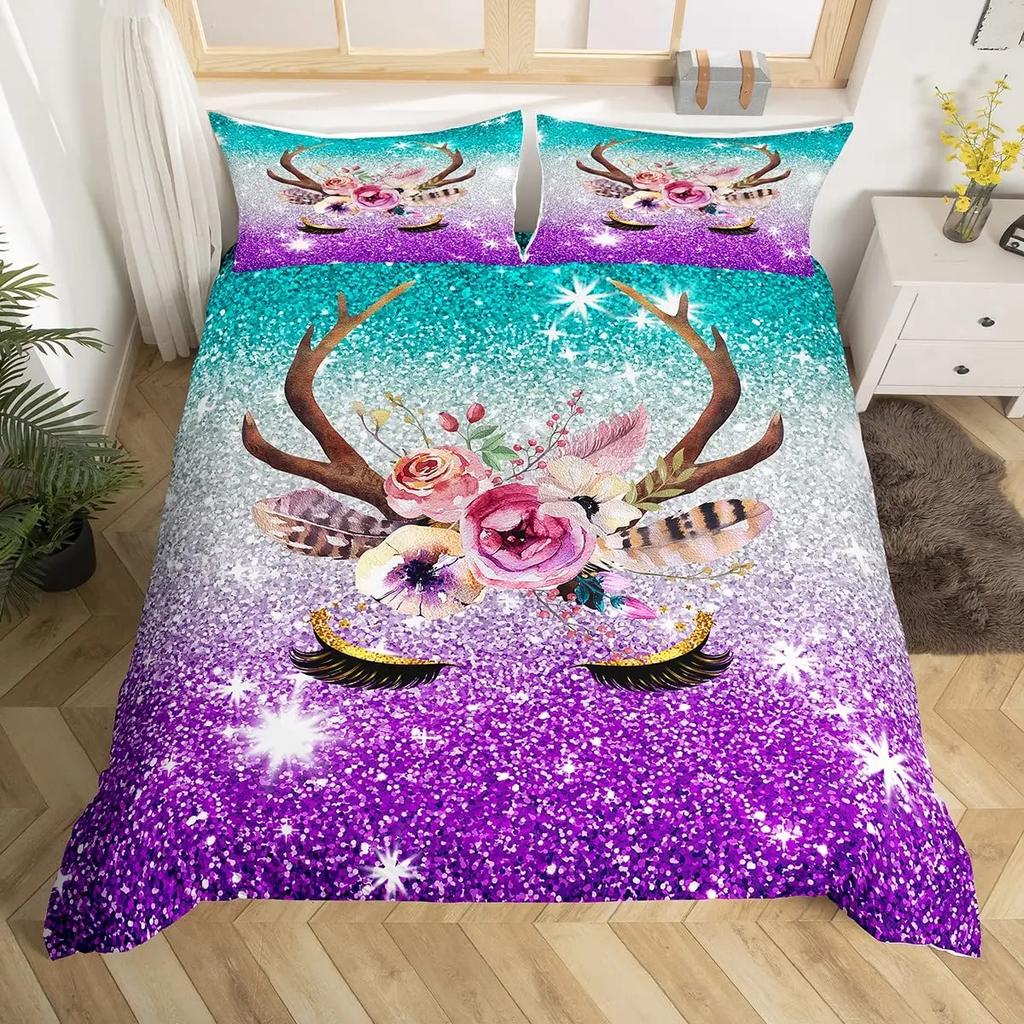 Unicorn Eyelas Duvet Cover Gradient Red and Purple Rainbow Golden Long Lashes Glittering Polyester Bedroom Decorations Women Kid