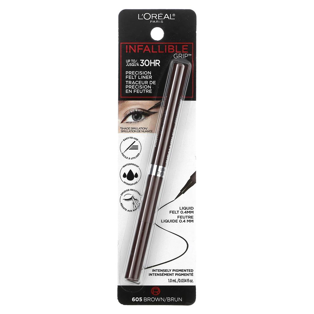 L'Oréal, Infallible Grip, точная фетровая подводка для глаз, 605 коричневый, 0,034 жидких унций (1 мл)
