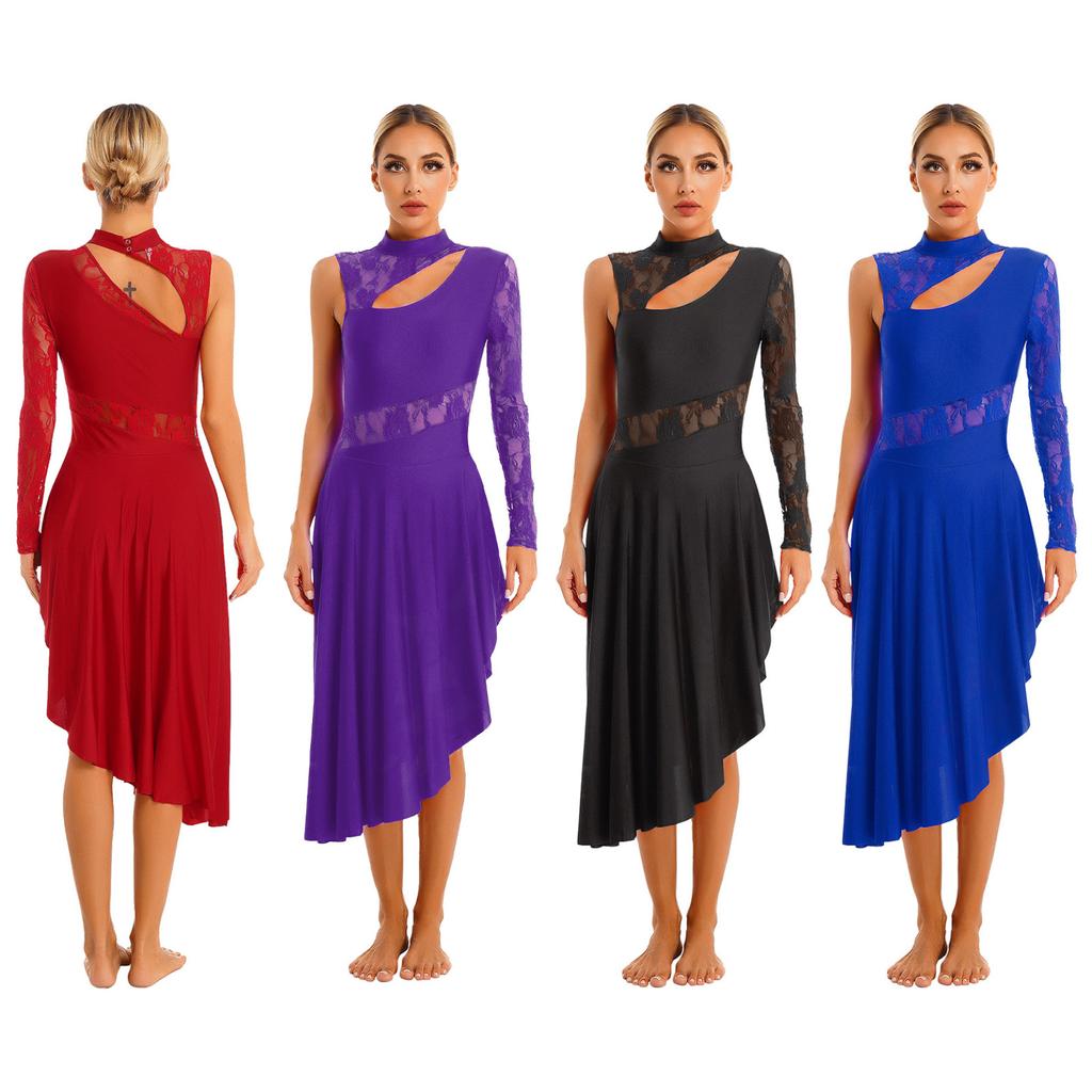 Женское асимметричное платье-туника для танцев, лирическая танцевальная одежда, кружевное платье с вырезами, платье для танцевальной вечеринки