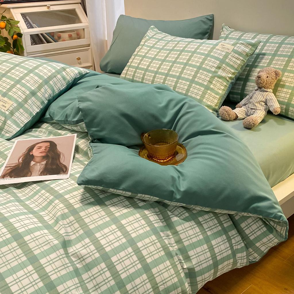 Простыня в клетку из четырех предметов и пододеяльник в японском стиле в скандинавском стиле, набор из трех предметов из стираного хлопка с начесом