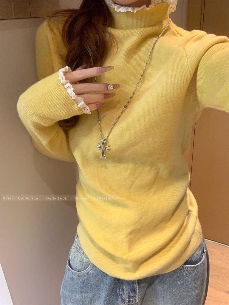 Девичий милый топ с полувысоким воротником, женская весенняя кружевная вставка, внутренняя базовая рубашка, вязаный свитер