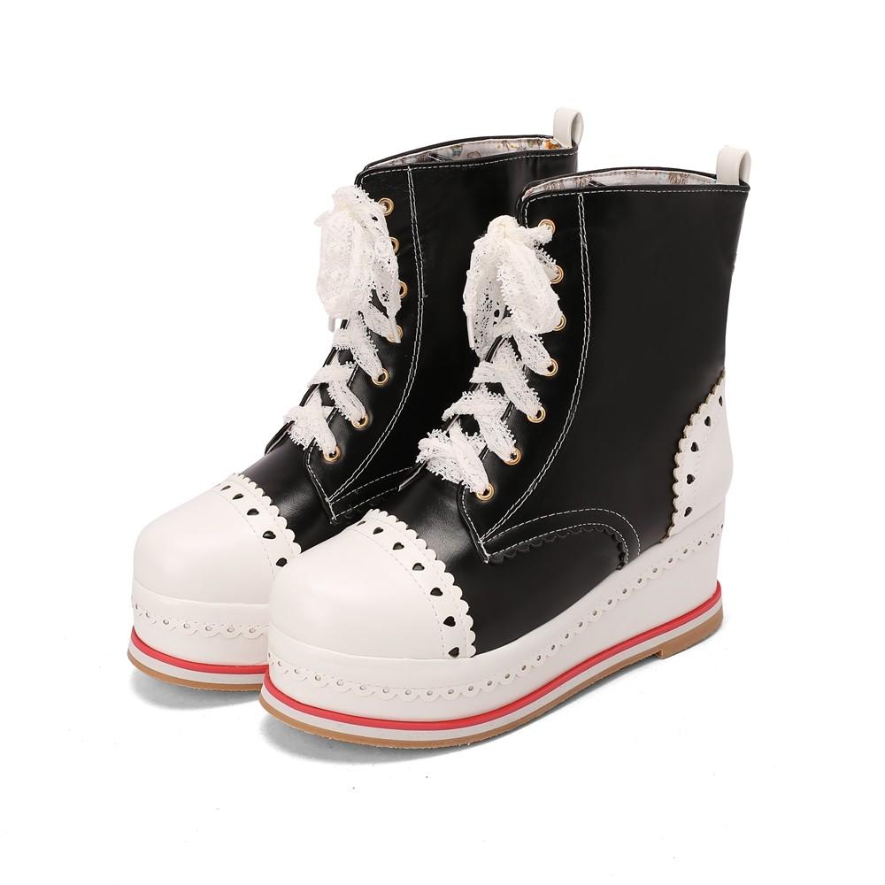 Lolita Style Sweet Girls Shoes Lace Up Platform Hidden Heels Wedges Princess Shoes Women Brock Ankle Boots Pink Plus Size 34-48