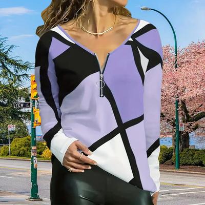 Женские осенние футболки с длинным рукавом и крупным цветным принтом, свободные футболки с V-образным вырезом больших размеров, удобные блузки