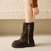 2024 Однотонные модные женские сапоги до середины икры, модная толстая подошва с металлическим украшением, уличные крутые женские туфли, мотоциклетные сапоги