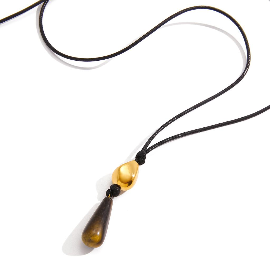 Yori 70cm Teardrop-shaped Tiger's Eye Pendant With Black Waxed Cord Necklace Women Fashion Anniversary Gift Accessories