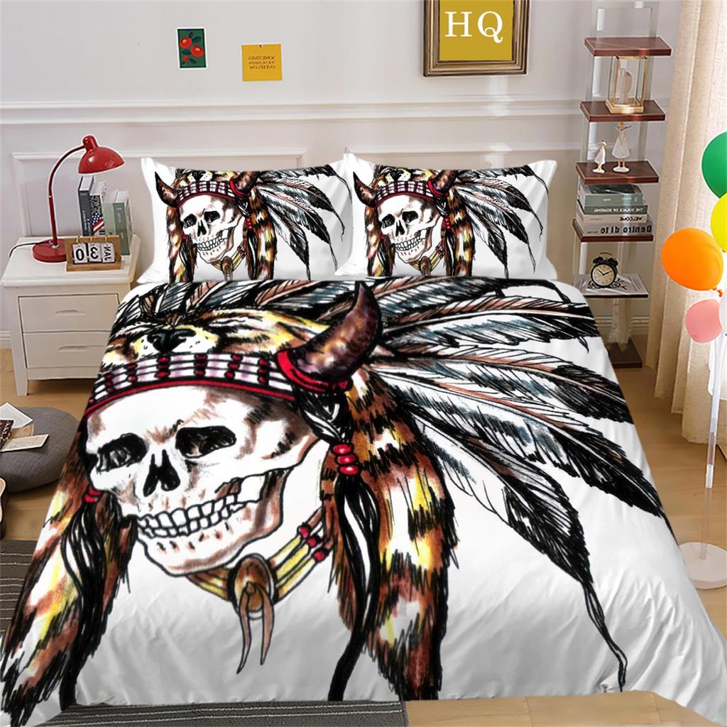 3D Horror Patterned Printed Bedding Set with Skull Head Pattern Down Duvet and Pillowcase 2/3 Pieces Halloween Festive Atmosphere Home Decoration