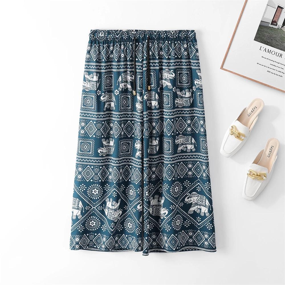 Капри Слоны Укороченные Брюки Регулируемый Эластичный Пояс Веревка Свободные Штанины Женские Мужские Унисекс Принт Таиланд Повседневная Уличная Одежда Пляжная Бохо Ретро Винтаж