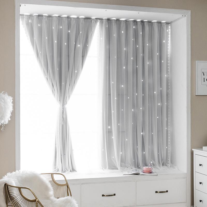 Bedroom Blackout Curtains with Magic Tape, Double Layer, No Drilling Installation, Hollow Star Gradient Bay Window Curtains