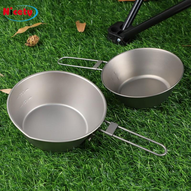 Titanium Camping Bowl With Foldable Handle 300ml 500ml Portable Outdoor Cooking Water Boiling Gear Hiking Backpacking