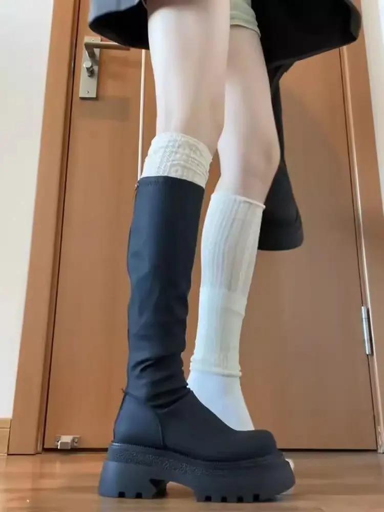 Fashion New In Fleece-Lined Round Toe Knee High Shaft Shoes Woman Fashion 2025 Hot Footwear Pu Cosplay Trend Gothic Long Boots for Women