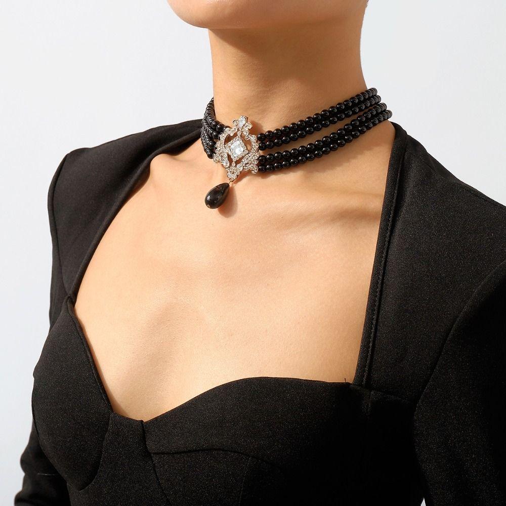 Korean Style Pearl Collar Choker Rhinestone Four-layer Necklace Temperament Women