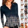 Женская мода Повседневный принт V-образный вырез Длинный рукав Застегивающаяся на пуговицы блузка