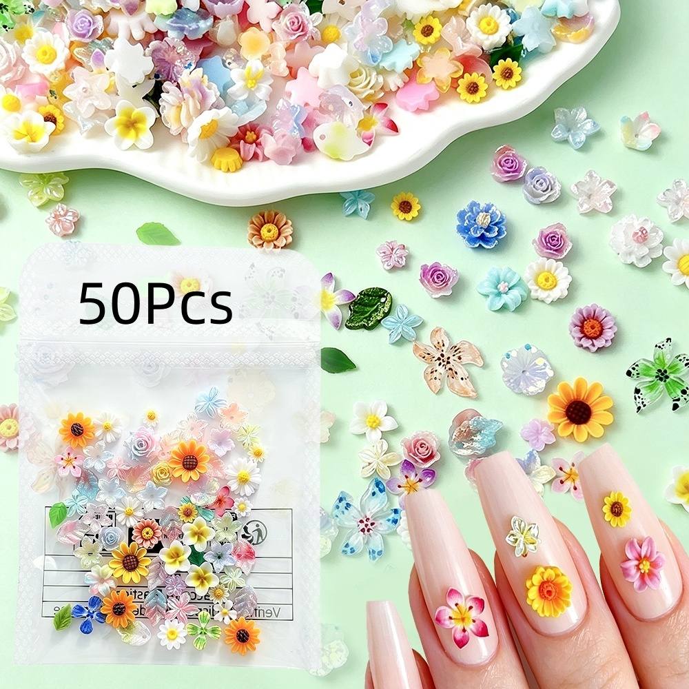 50Pcs Colorful 3D Stereo Flower Nail Charms Multifloral Resin Nail Studs Handmade Acrylic Nail Decor Supplies