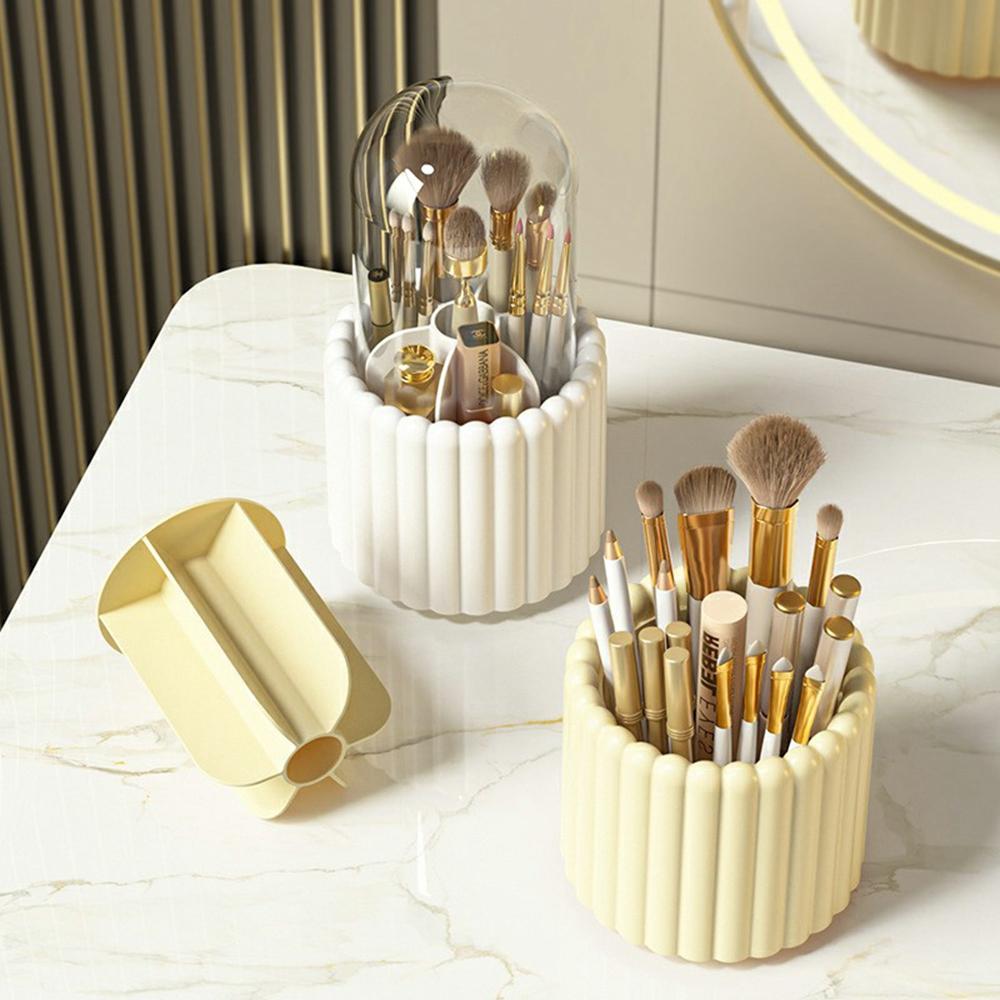 7 Compartments Rotating Makeup Brush Holder Organizer for Vanity Table Cosmetic Storage Container, with Lid