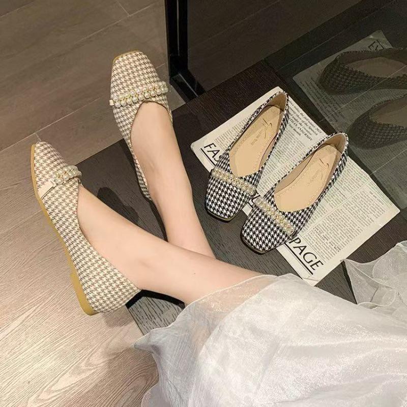 Single Shoes Women's Spring New Pearl Pointed Head Shallow Mouth Flats Fashion Thousand Bird Grid Mary Jane Shoes