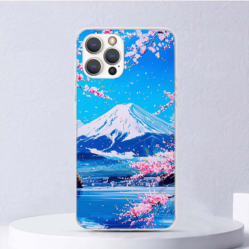 Японская вишня Гора Фудзи Мягкий чехол для iPhone 16 17 Air 16E 15 Plus 11 12 13 Mini 14 Pro Max Чехол для телефона Apple 7 8 SE Coque Fu