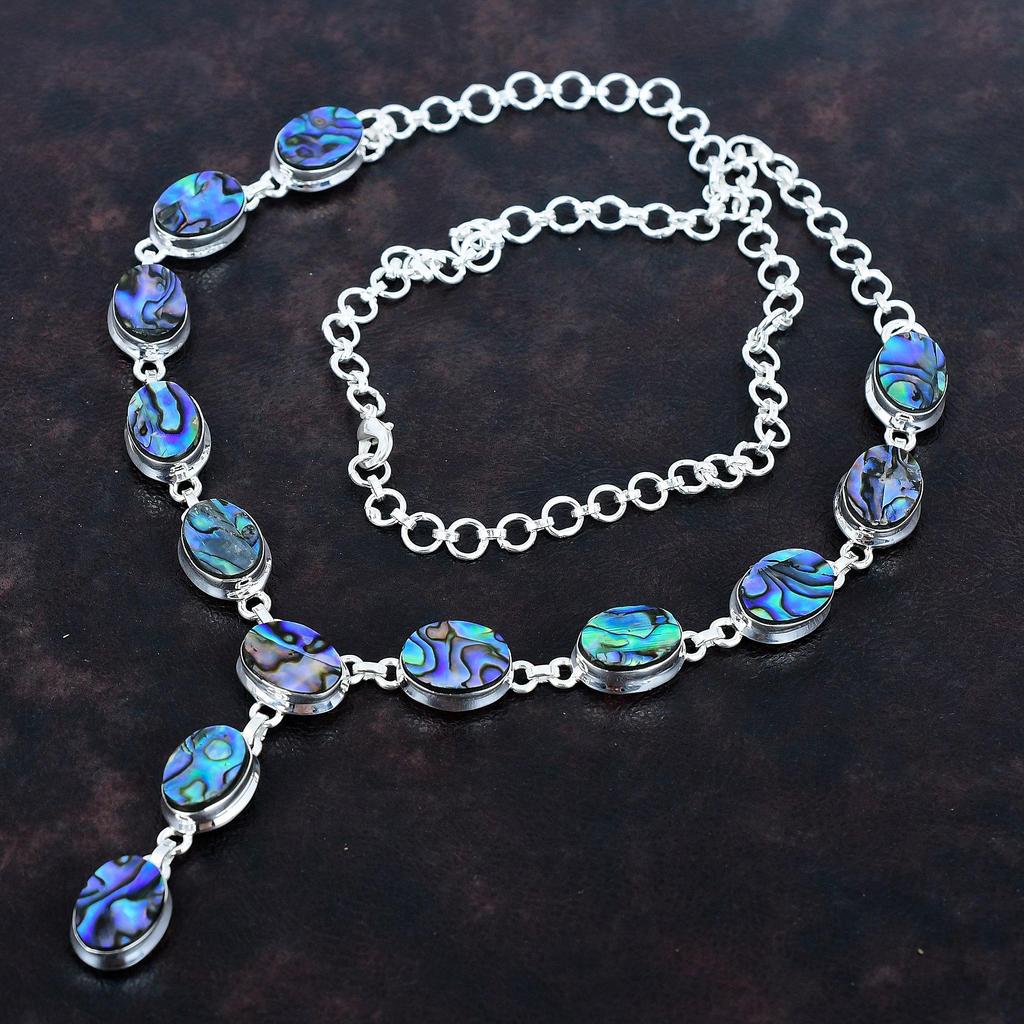 Abalone Shell Necklace Natural Gemstone Necklace 925 Sterling Silver Necklace Handmade Boho Jewelry Adjustable Chain Necklace Gifts for Wife