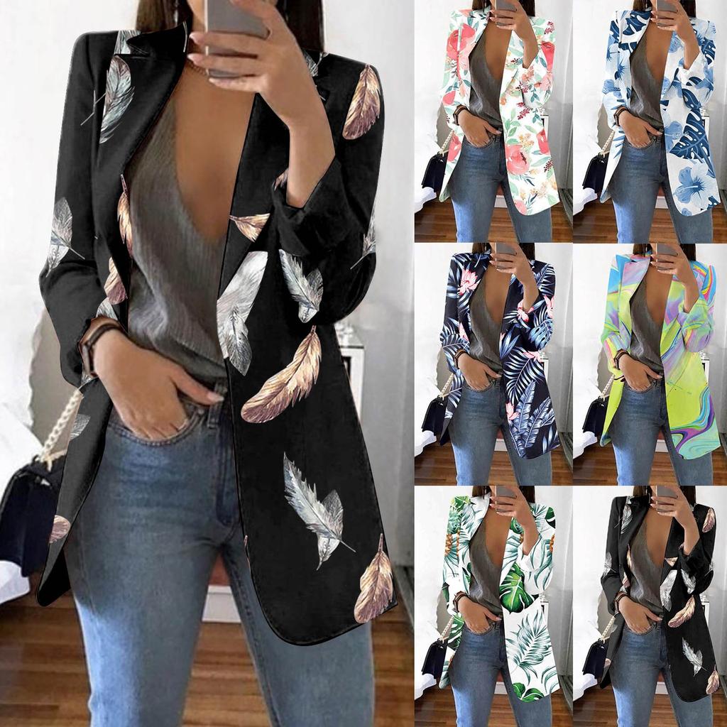 Women's Casual Fashion Print Lapel Long Sleeve Slim Fit Small Button Jacket