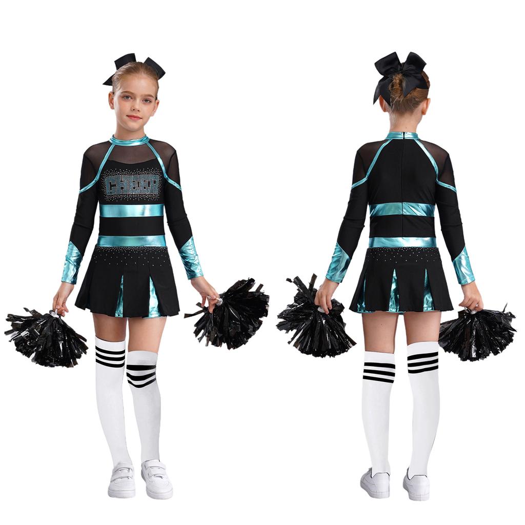 Детский танцевальный костюм Черлидинга для девочек, плиссированное платье с длинными рукавами и головным убором с бантом, комплекты цветов и носков