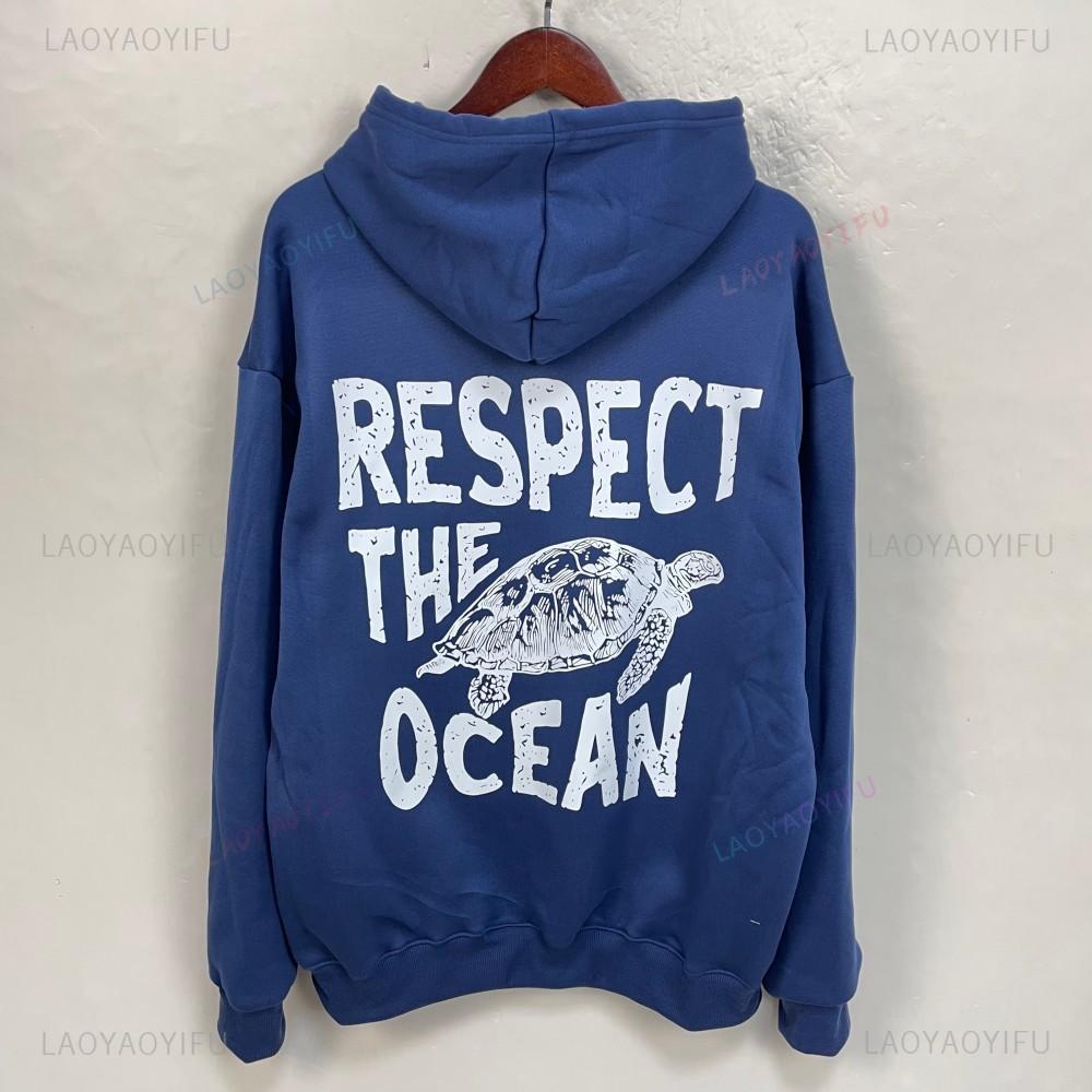Respect The Ocean Hoodie - Ocean Surf Hoodie Carolina Blue Hoodie Words on Back Turtle Sweatshirt for Outdoor Enthusiasts