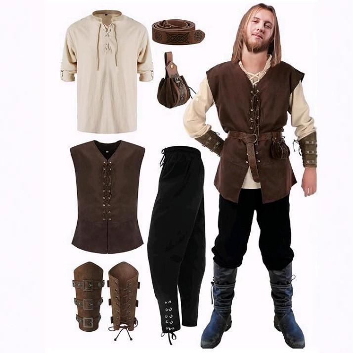 Men's Renaissance Costume Set Medieval Vintage Costume Pirate Shirt And Pants Viking Belt And Accessories Halloween Costume